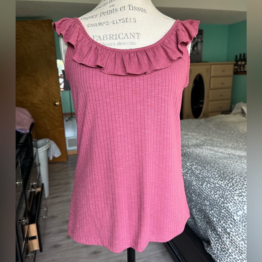 LOFT Brick Red Ribbed Ruffle Tank